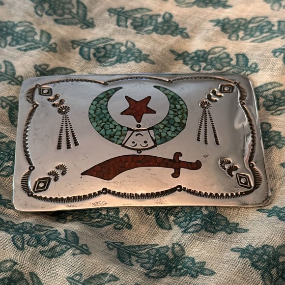 Navajo Sterling Silver Turquoise & Coral Chip Inlay  Belt Buckle - Picture 4 of 9